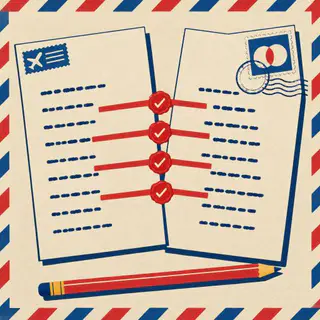 Common Ground cover art: Two airmail postcards side by side, their matching answers joined by red bands, under a red postage stamp and a postmark.