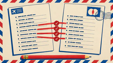 Common Ground cover art: Two airmail postcards side by side, their matching answers joined by red bands, under a red postage stamp and a postmark.
