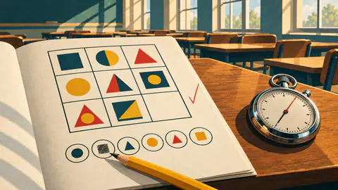 Daily IQ cover art: A 1960s aptitude test booklet open on a 3×3 pattern matrix with one empty square, a pencil and a chrome stopwatch beside it.