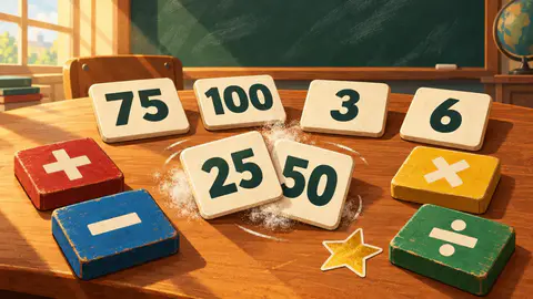 Exactly cover art: Six number cards, 25, 50, 75, 100, 3 and 6, with red, blue, yellow and green sign blocks on a classroom desk.