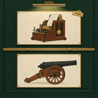 Older Than You Think cover art: Two museum labels on a green gallery wall, a Victorian fax machine marked FIRST and an old cannon, over a brass timeline.