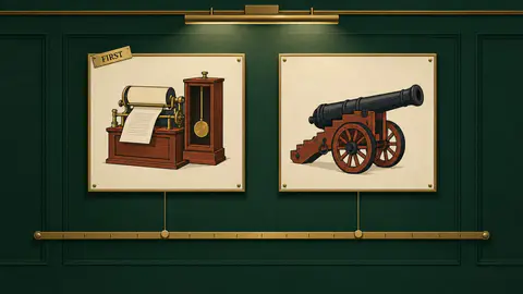 Older Than You Think cover art: Two museum labels on a green gallery wall, a Victorian fax machine marked FIRST and an old cannon, over a brass timeline.