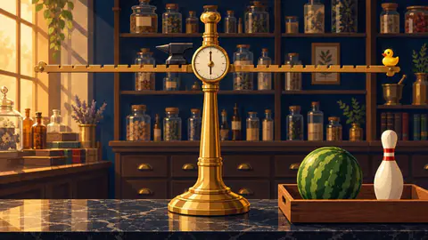 Tip the Scales cover art: A level brass balance in an apothecary: an anvil by the pivot, a rubber duck at the far end, a melon and a bowling pin below.